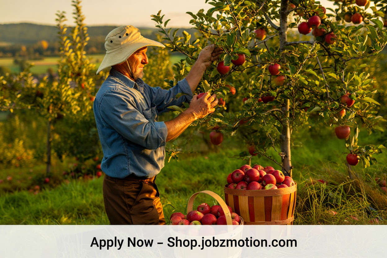 Real fruit picker harvesting produce outdoors in the Czech Republic with a transparent banner reading "Apply Now – Shop.jobzmotion.com"