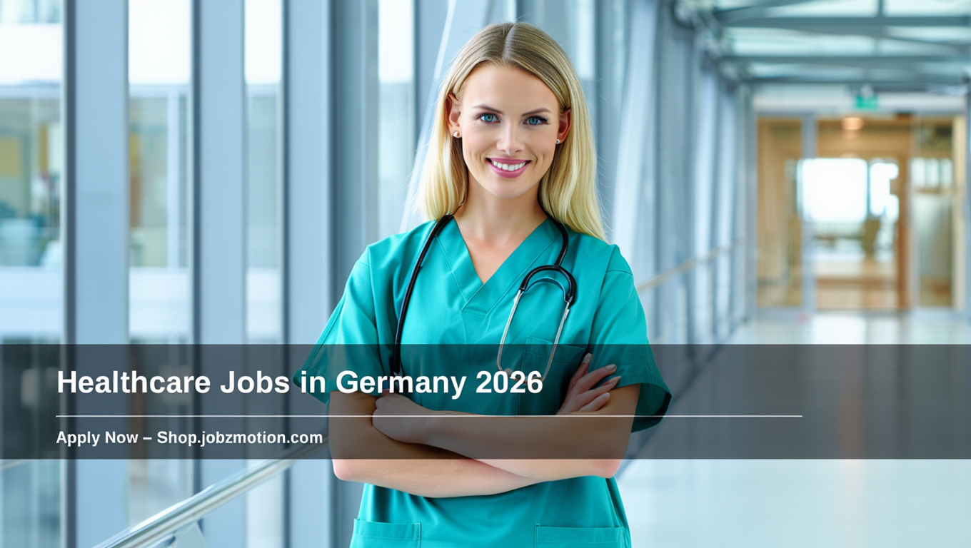 German blond nurse with blue eyes in a hospital setting with a transparent minimalistic banner reading "Apply Now – Shop.jobzmotion.com"