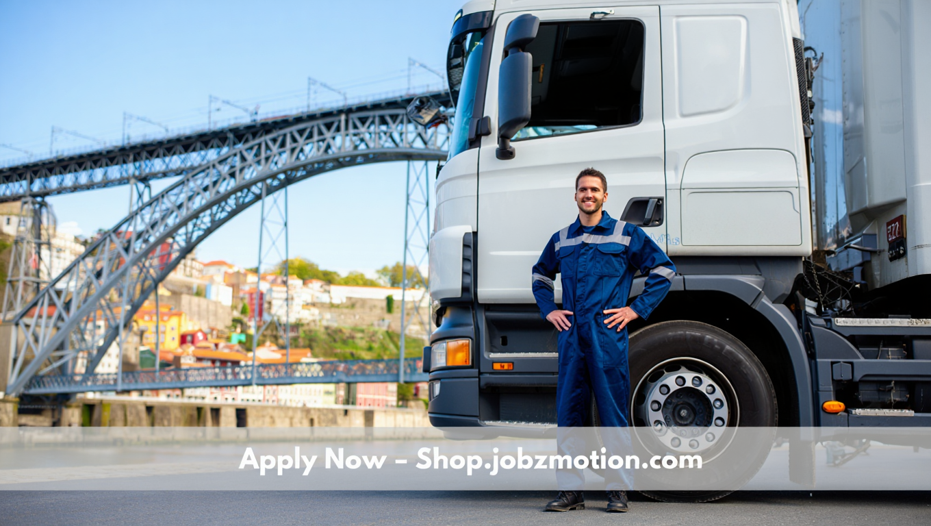 Driver working in Portugal with a transparent minimalistic banner reading "Apply Now – Shop.jobzmotion.com"