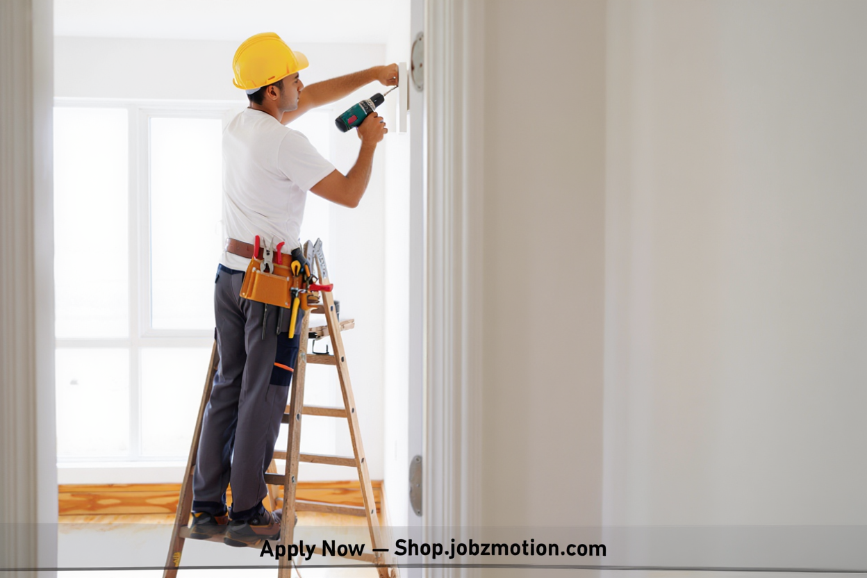 Electrician performing electrical work in the Philippines with a minimalistic banner reading "Apply Now – Shop.jobzmotion.com"