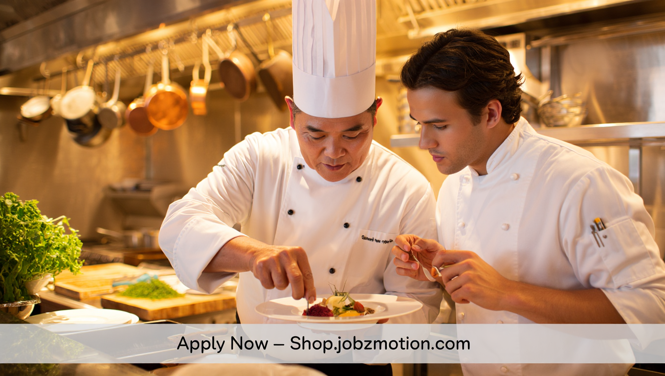 Chef and cook working together in a French kitchen with a minimalistic banner showing "Apply Now – Shop.jobzmotion.com"
