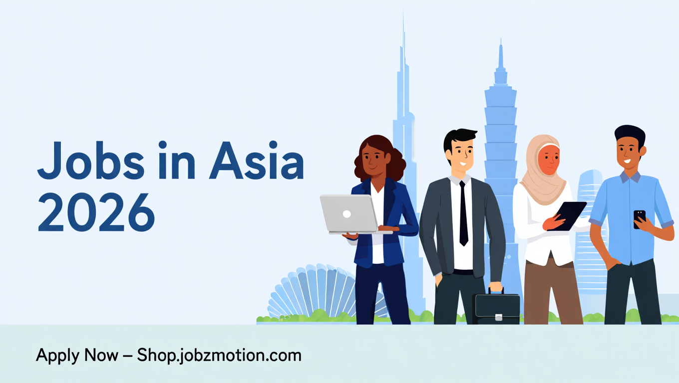 Illustration of diverse professionals searching for jobs in Asian cities with a transparent minimalistic banner showing "Apply Now – Shop.jobzmotion.com"