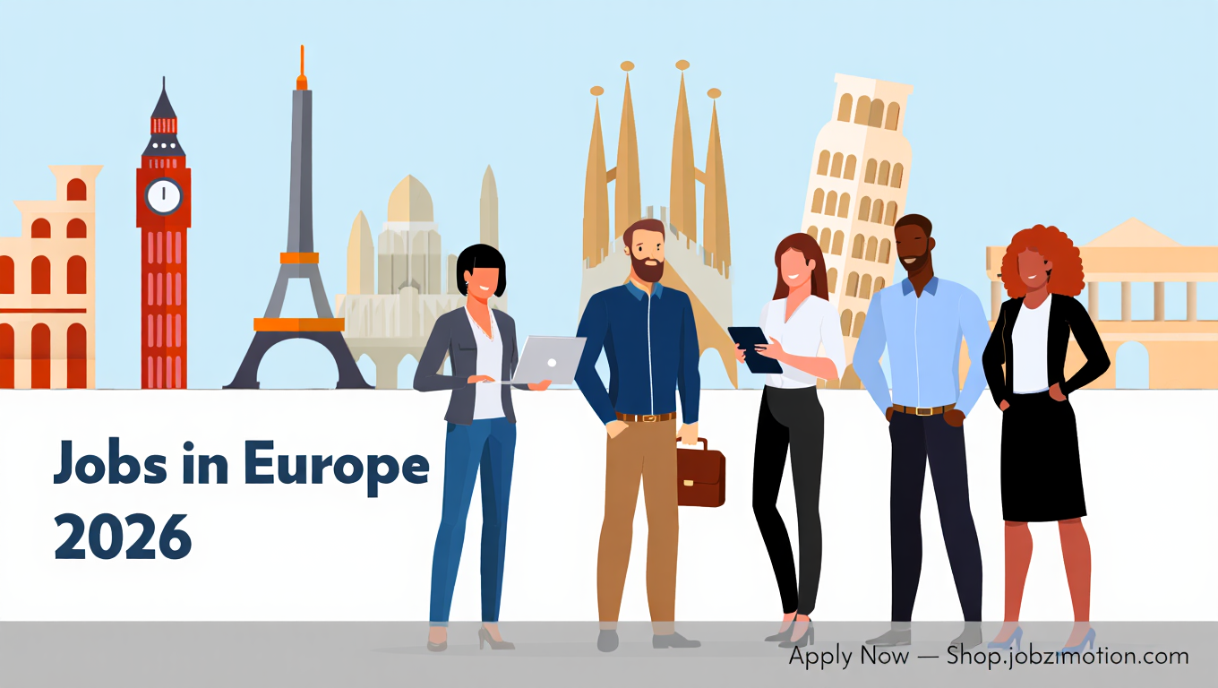 Illustration of diverse professionals searching for jobs in European cities with a transparent minimalistic banner showing "Apply Now – Shop.jobzmotion.com"