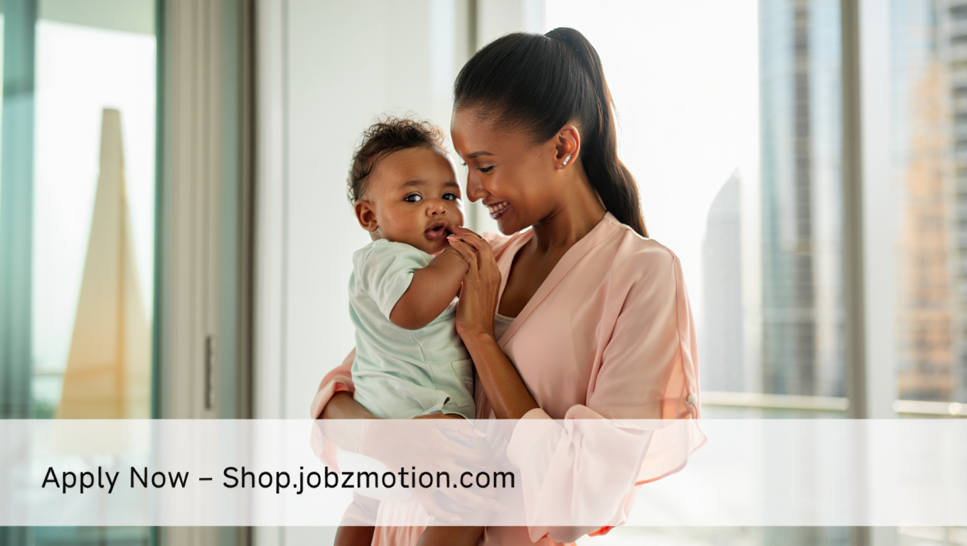 Nanny caring for a single baby in a modern Dubai home with minimalistic banner showing "Apply Now – Shop.jobzmotion.com"