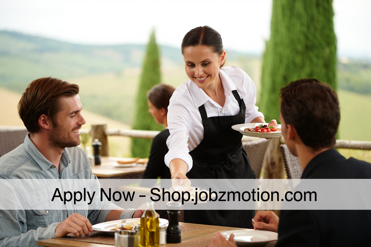 Real waiter serving guests in an Italian restaurant with a minimalistic transparent banner reading "Apply Now – Shop.jobzmotion.com"